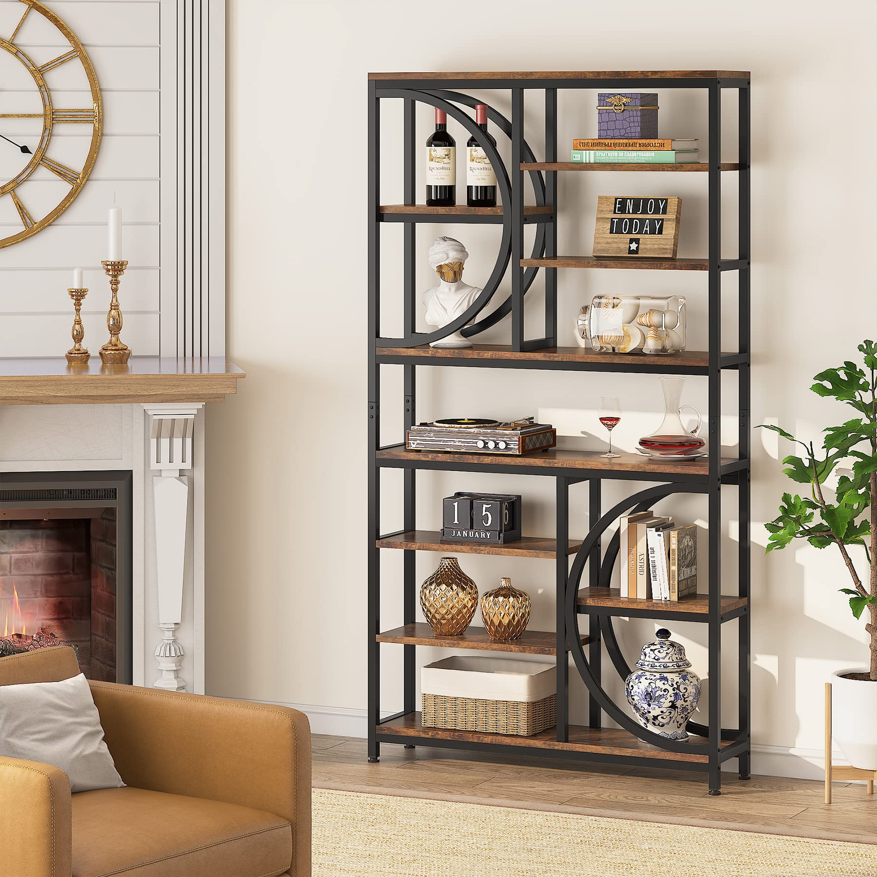 Bookshelf, Industrial 8-Tier Etagere Bookcases, 77-Inch Tall Book Shelf Open Display Shelves, Wood Look Accent Shelving Unit with Metal Frame for Home Office (1, Brown/Black)