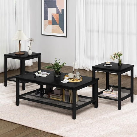 3 Pieces Living Room Table Set, Industrial Coffee Table with 2 Square End Side Tables