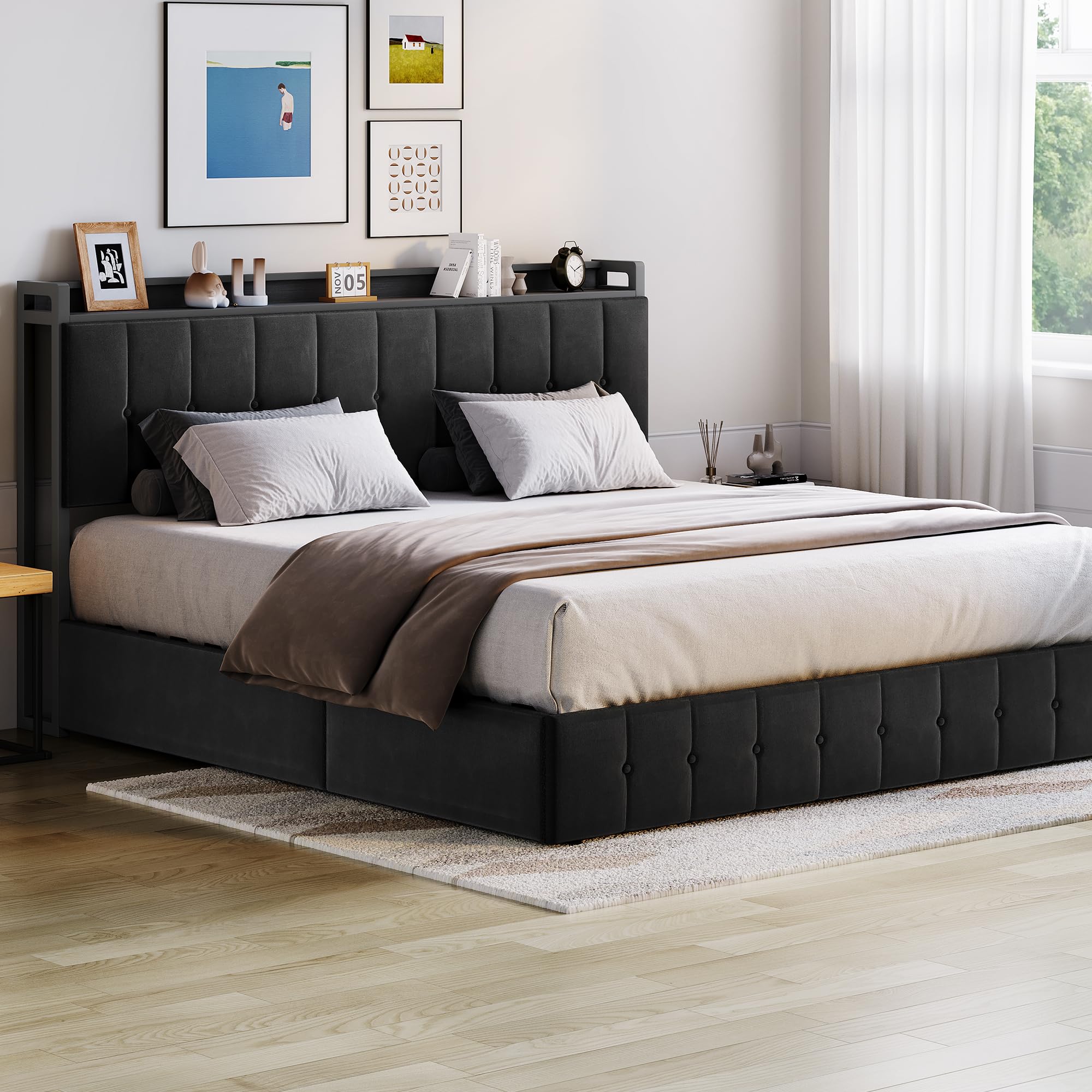 King Bed Frame with Lift-Up Storage - Upholstered Velvet Platform Bed