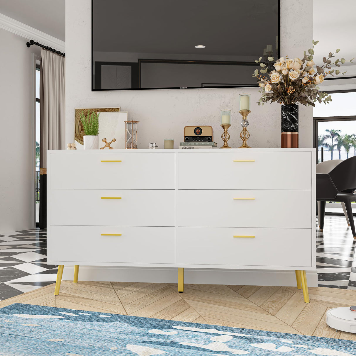 Homsee 6 Drawer Double Dresser Storage Chest of Drawers, Wood Dresser Chest with Gold Metal Legs for Bedroom, Living Room & Hallway, White (54”L x 15.6”W x 30.1”H)