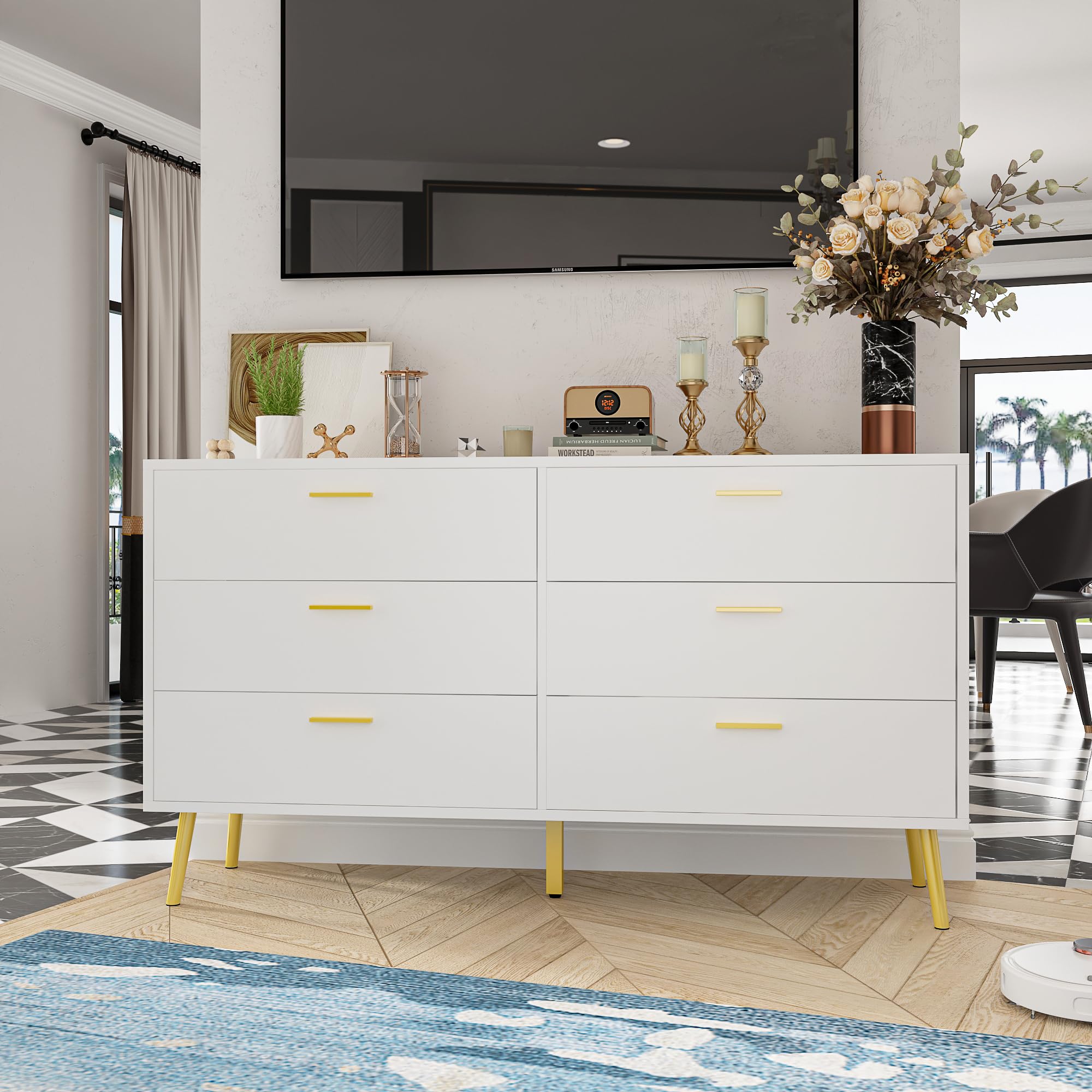 Homsee 6 Drawer Double Dresser Storage Chest of Drawers, Wood Dresser Chest with Gold Metal Legs for Bedroom, Living Room & Hallway, White (54”L x 15.6”W x 30.1”H)