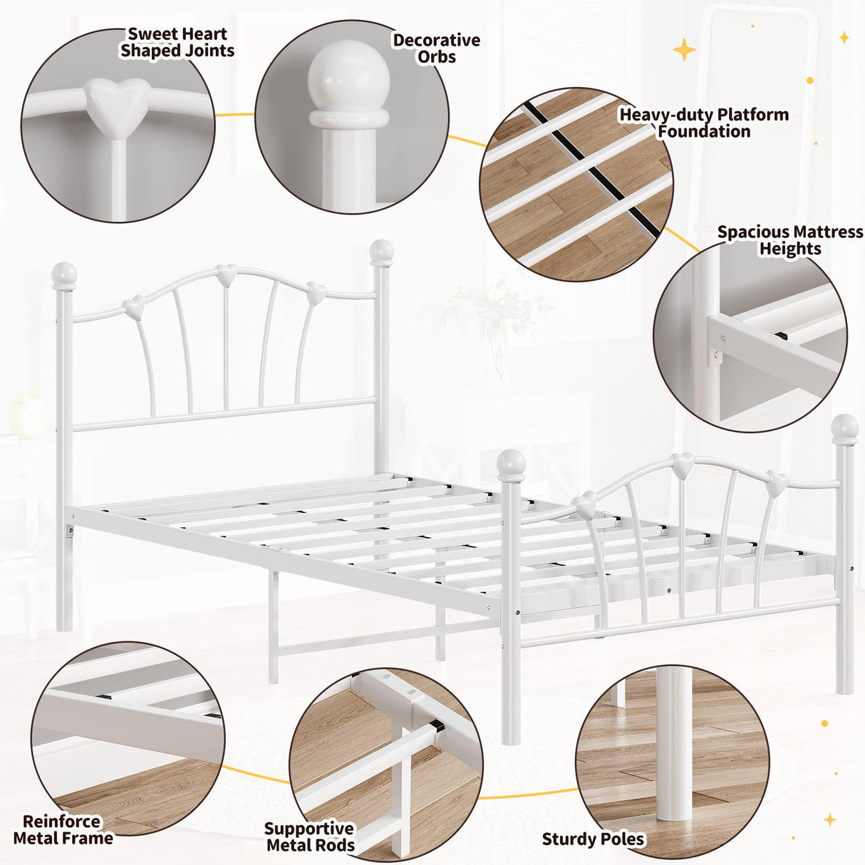 IDEALHOUSE White Twin Bed Frame for Kids,Twin Bed Frame with Heart Shaped Headboard and Tailboard,Heavy Metal Slat Support,Noiseless,White