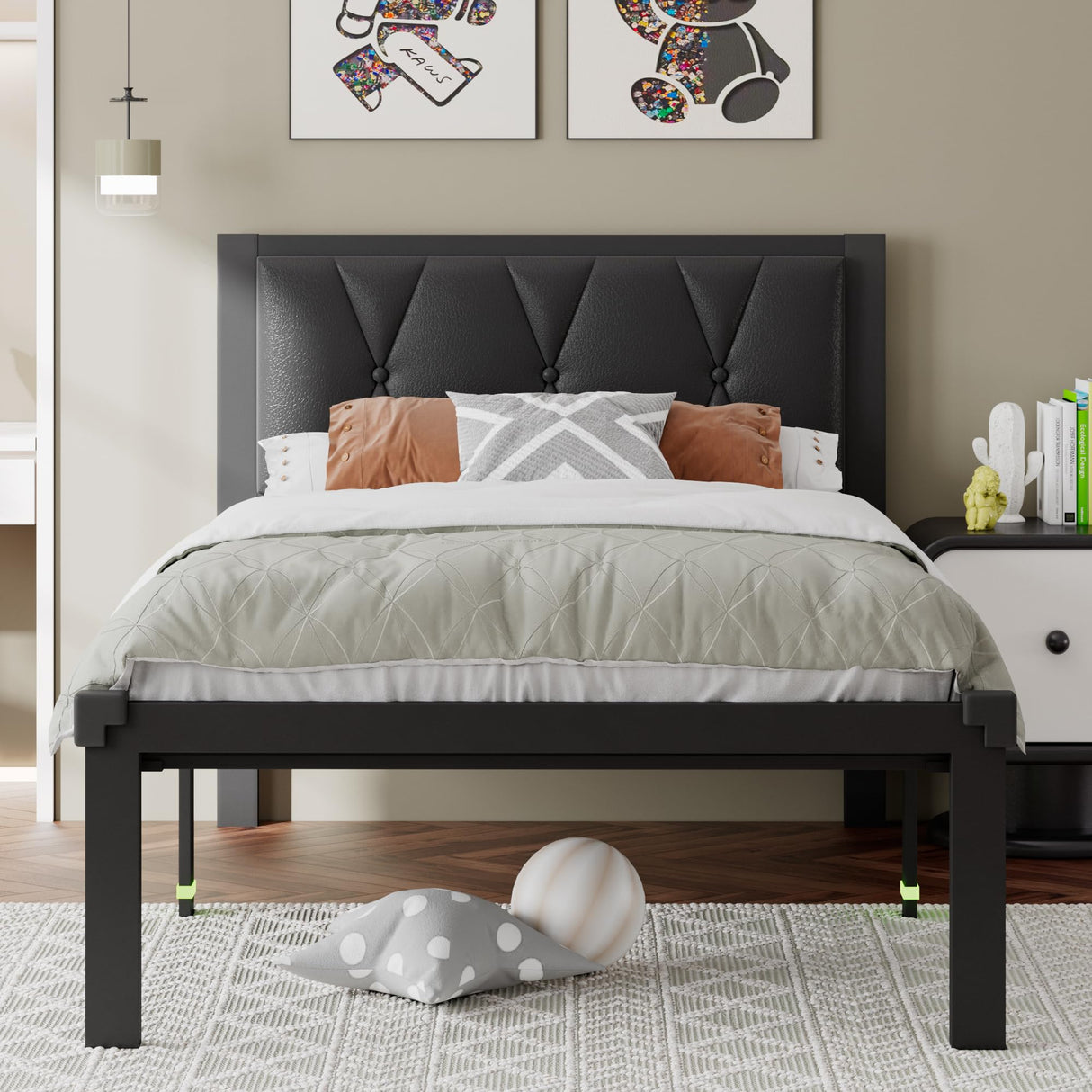 Twin Size Metal Bed Frame with Faux Leather Button Tufted Headboard,