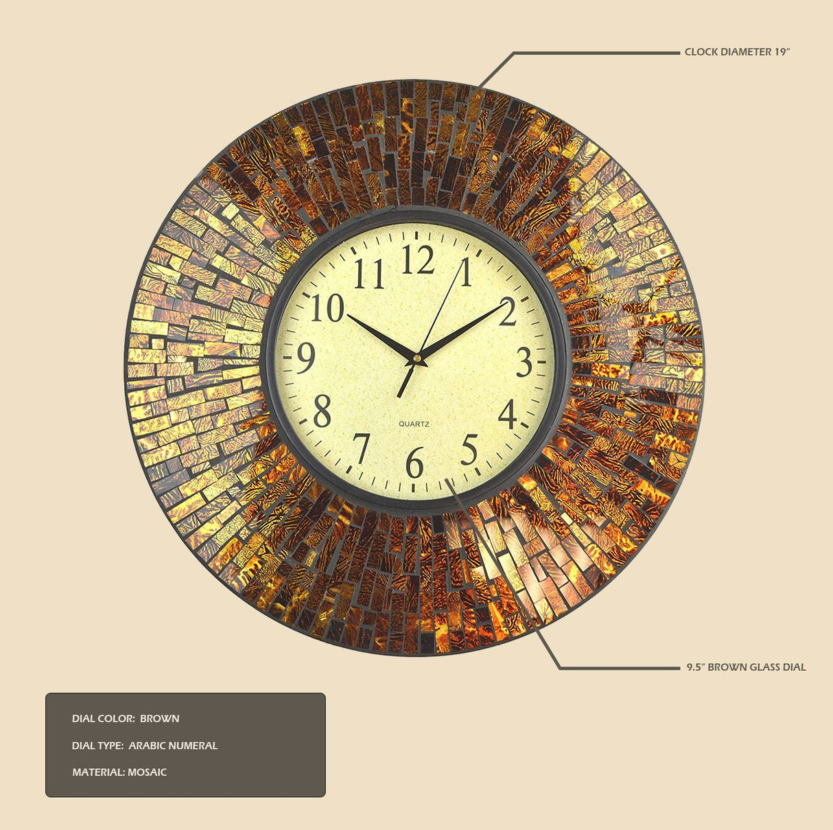 19" Baltic Amber Mosaic Wall Clock with 9.5" Brown Arabic Glass Dial, 4.50"