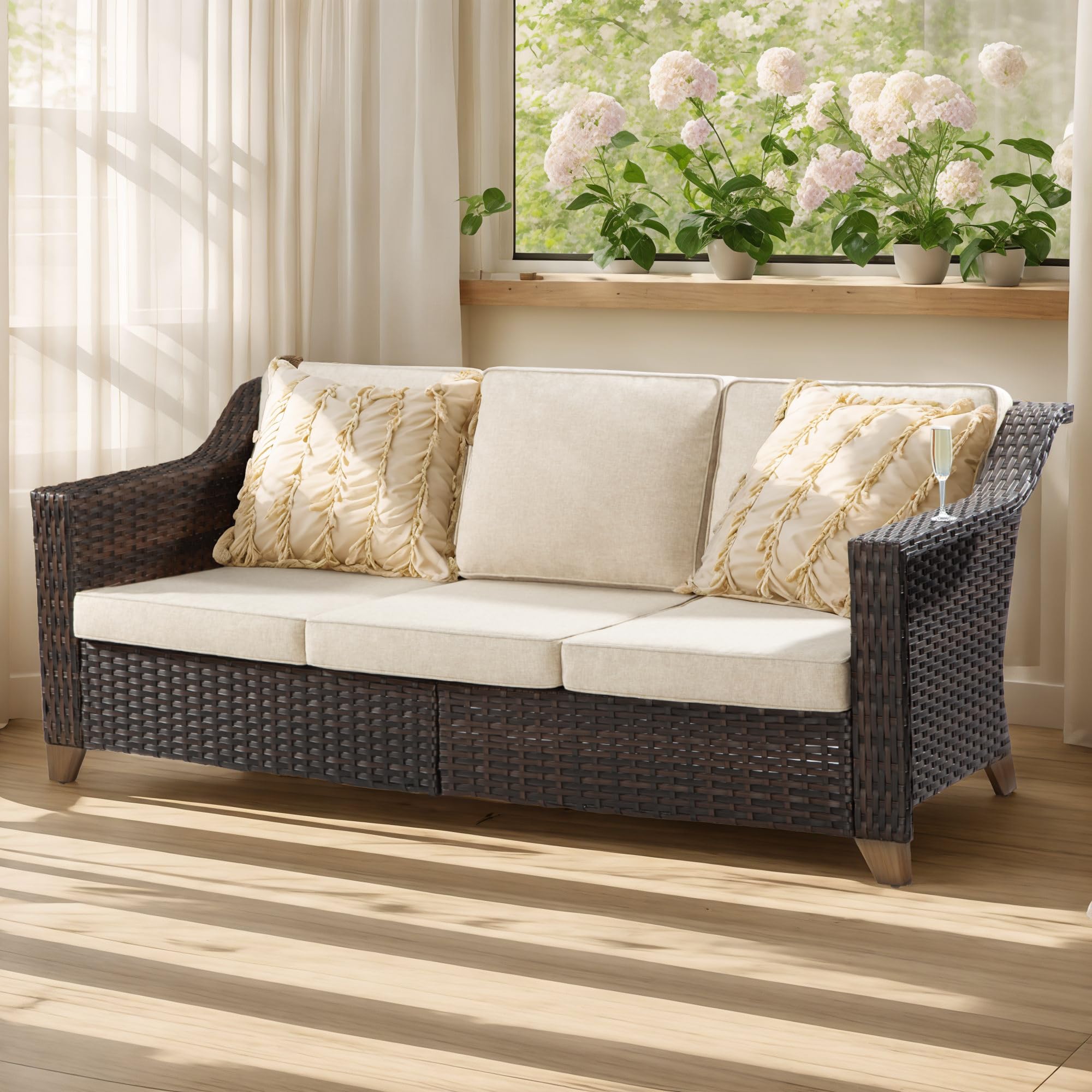 77'' Patio Sofa, All Weather Outdoor Rattan Wicker 3-Seat Sofa