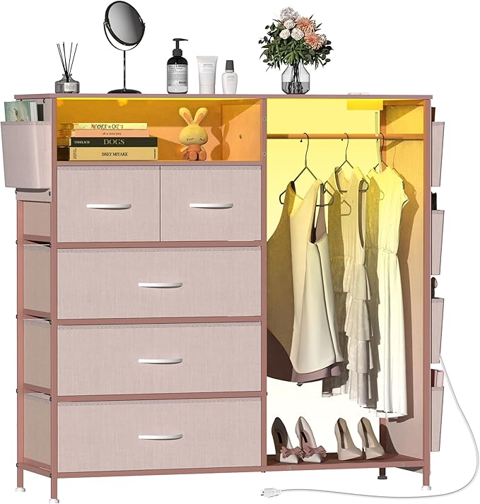 Dresser for Bedroom with Clothes Rack Side Pockets White 5 Drawers