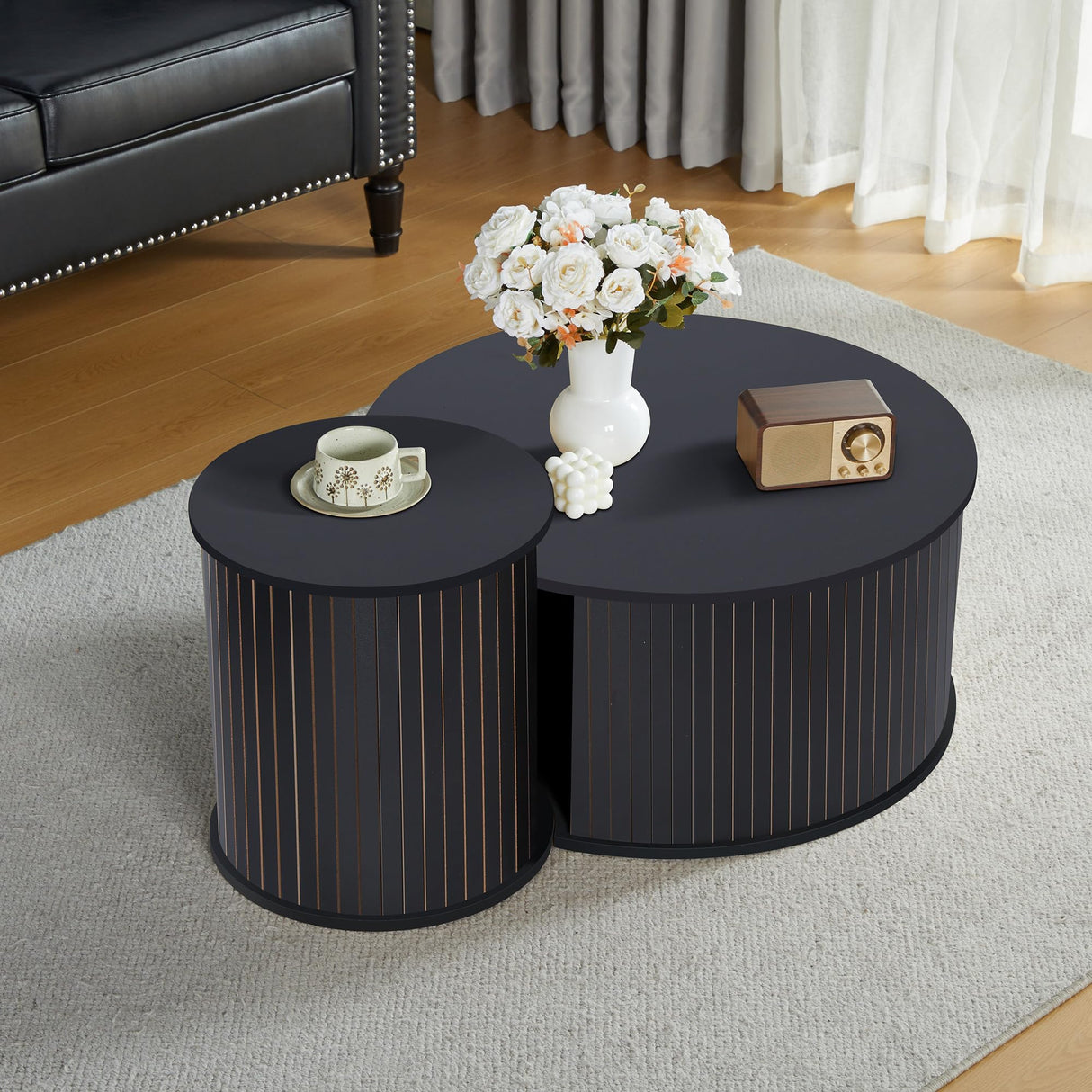 Coffee Table,Nesting Coffee Table Set of 2, Circle Side Table, Round Wooden Coffee Table