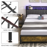 Queen Bed Frame with LED Lights and Charging Station,Upholstered Storage Headboard