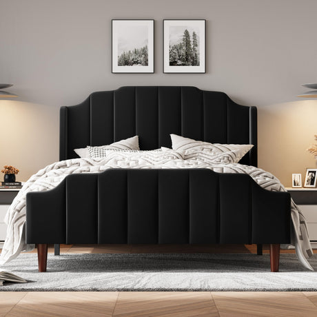 Queen Size Upholstered Velvet Bed Frame with Curved Vertical Wingback Headboard