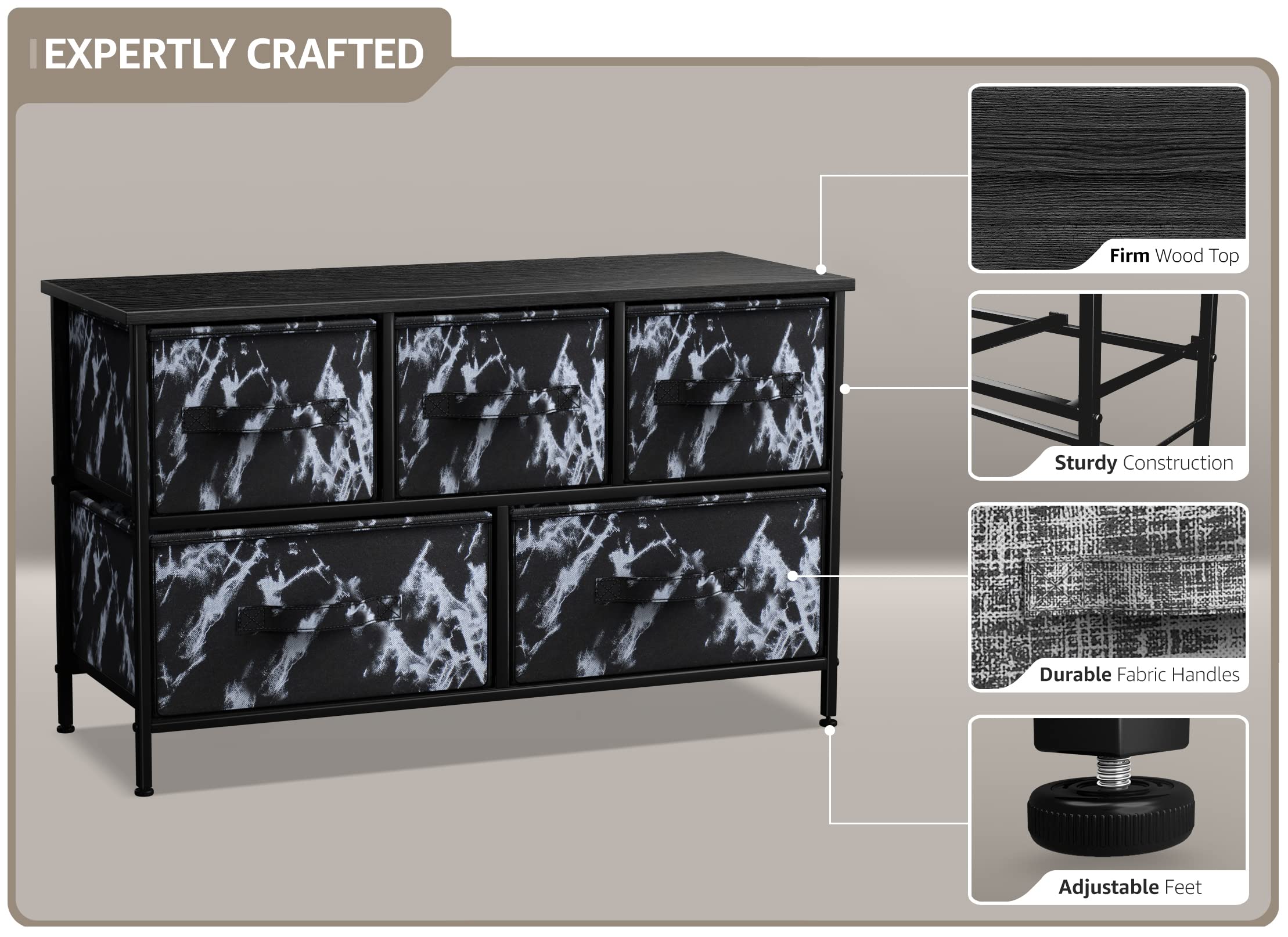 Dresser with 5 Drawers - Storage Chest Organizer Unit with Steel Frame,