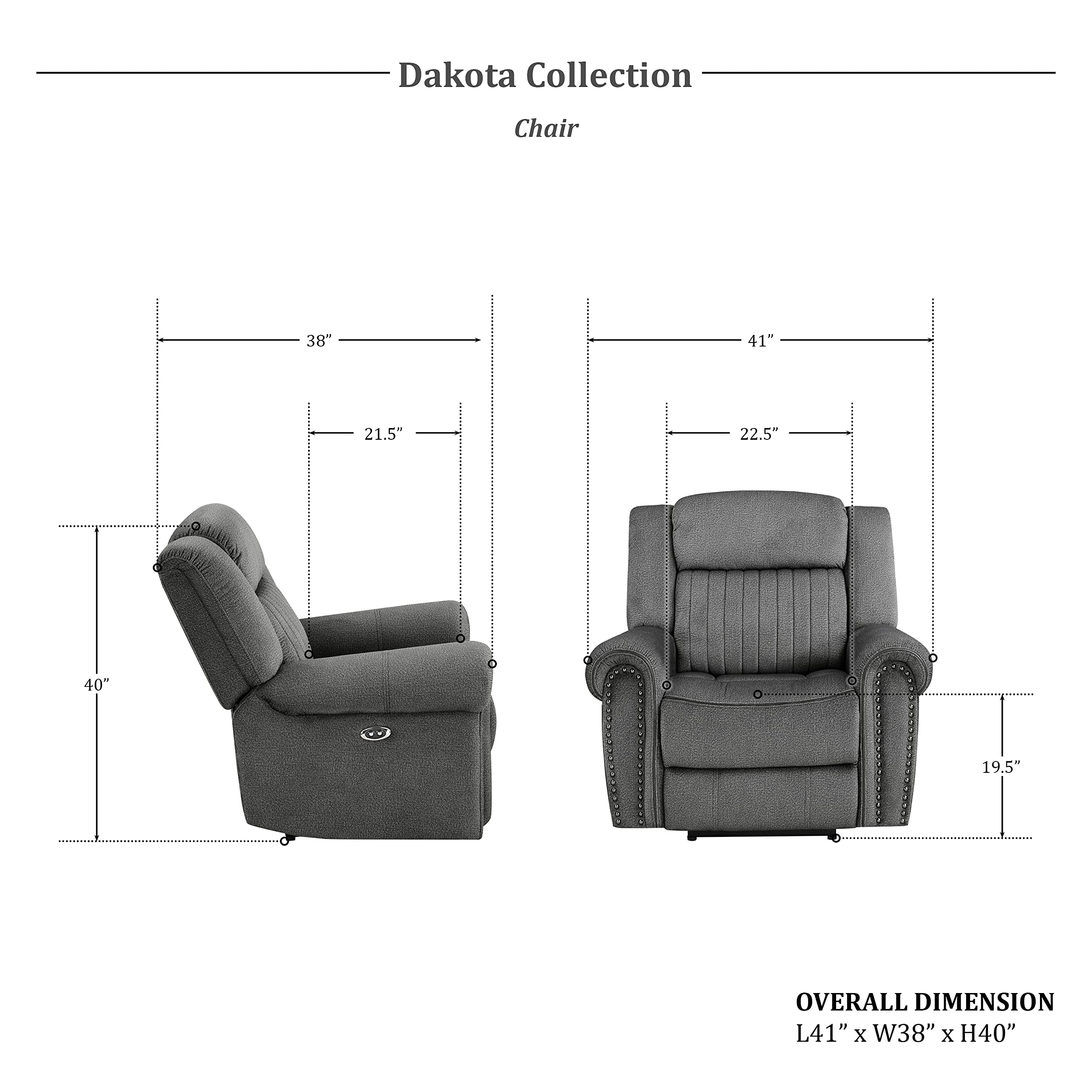 Vinton Power Recliner Chair with Nailhead Trim & Rolled Arms