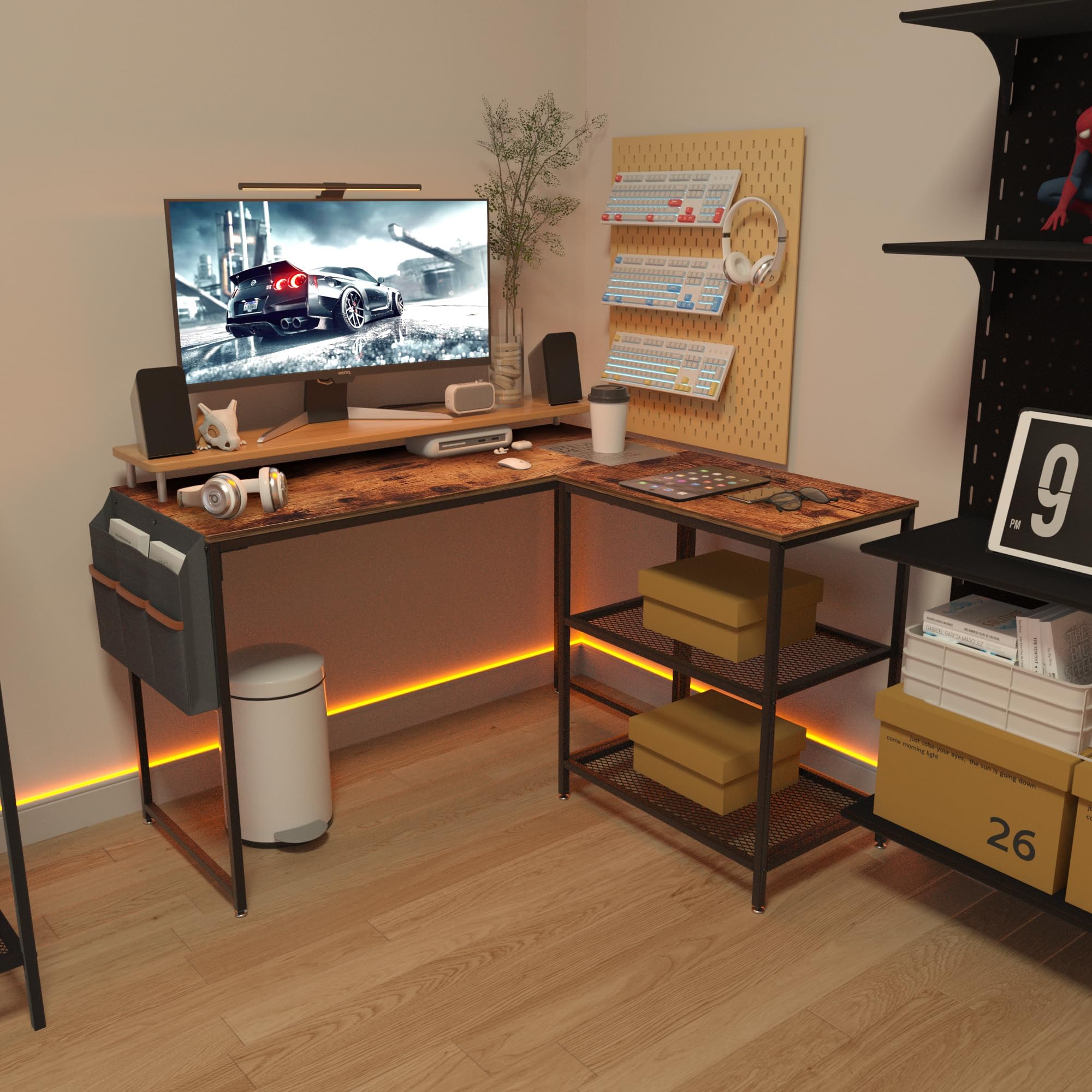 L Shaped Computer Gaming Corner Desk with Storage Bag and Shelf Home Office Table for Study Writing Room, Small Space Workstation, Rustic Brown
