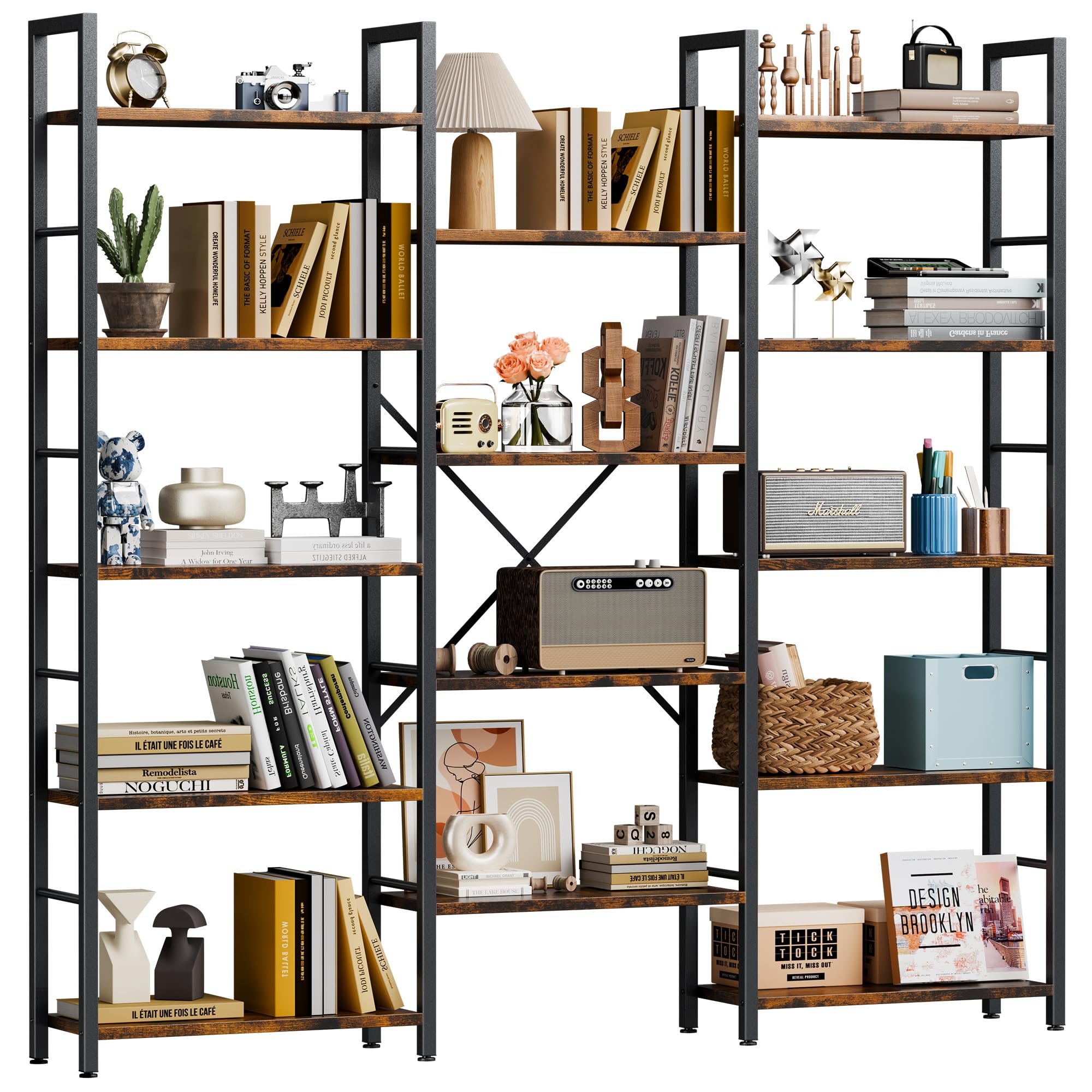 Triple 5 Tier Bookshelf, Industrial Large Bookcase with 14 Open Display Shelves