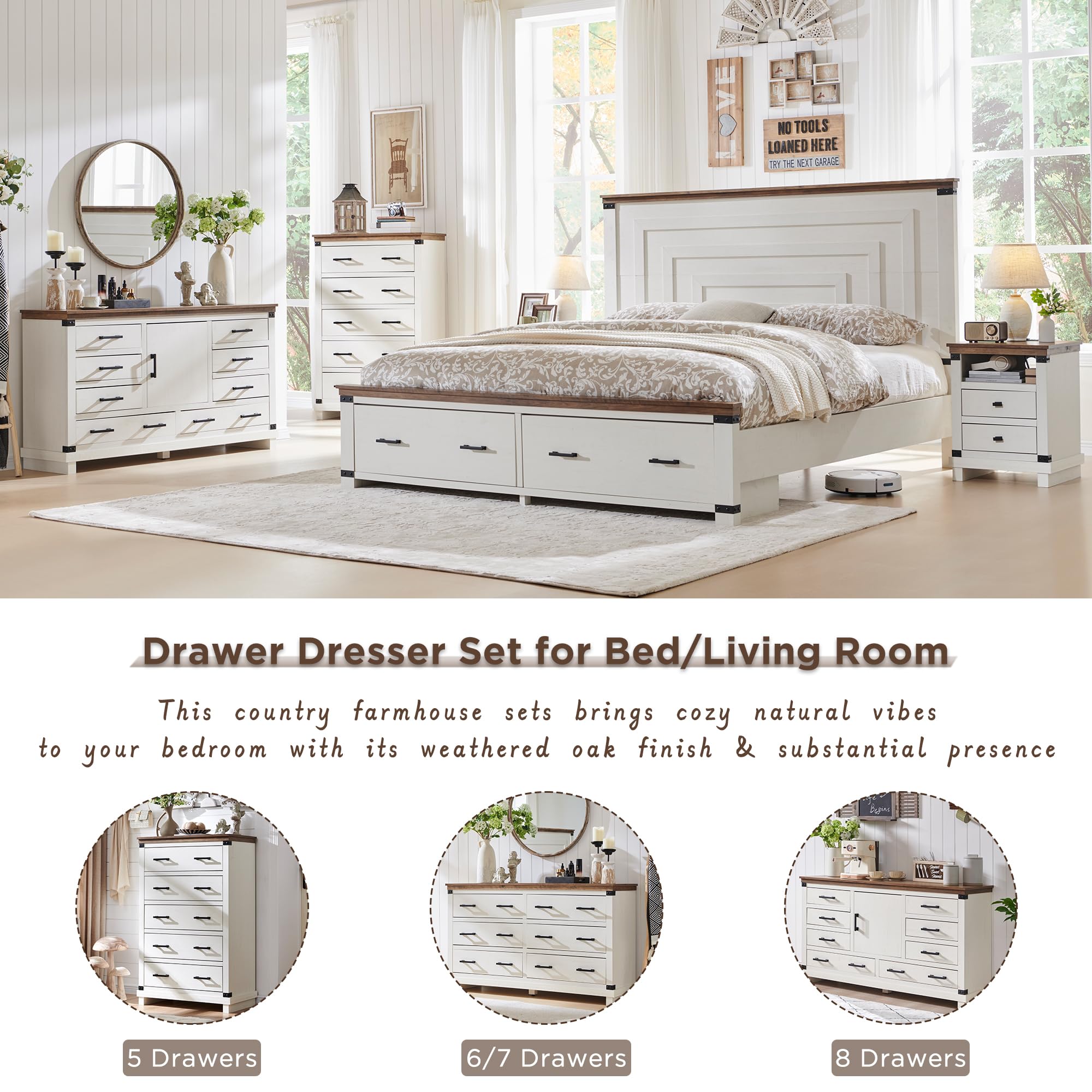 Farmhouse Nightstand with Charging Station, 18" Rustic Night stand