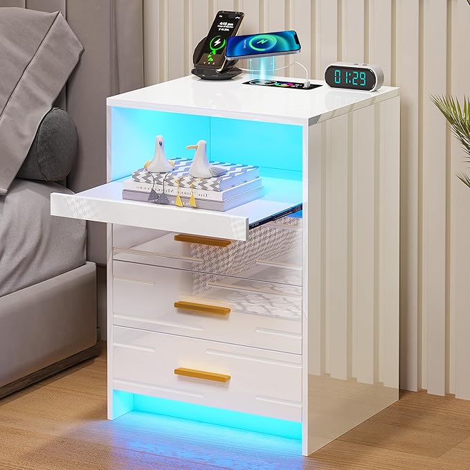 RGB LED Nightstand with Wireless Charging Station, Smart Night Stand with Motion