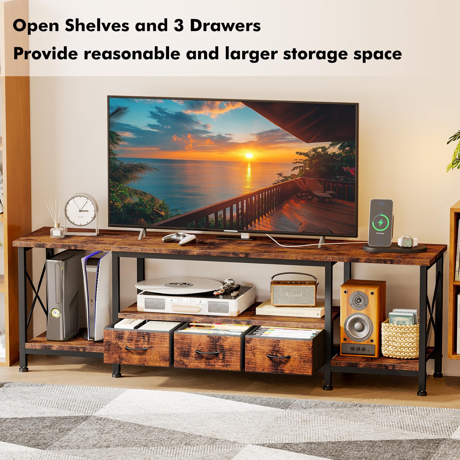 63" Rustic Brown TV Stand with Power Outlets and Storage