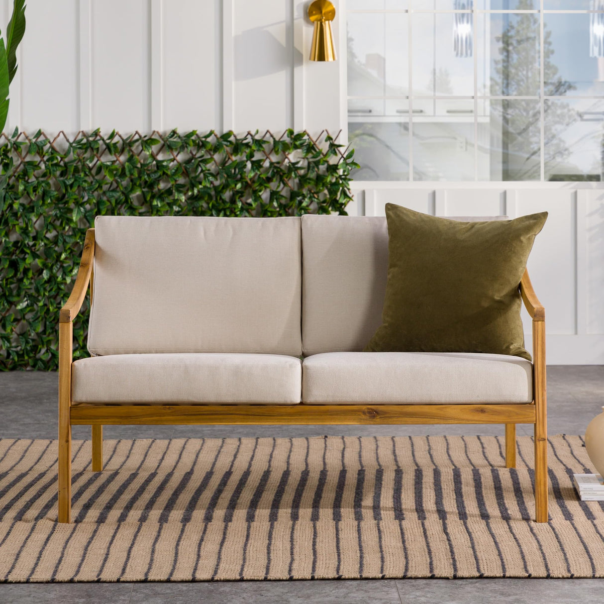 Modern Solid Wood Curved-Arm Cushioned Outdoor Loveseat, 50 Inch, Natural