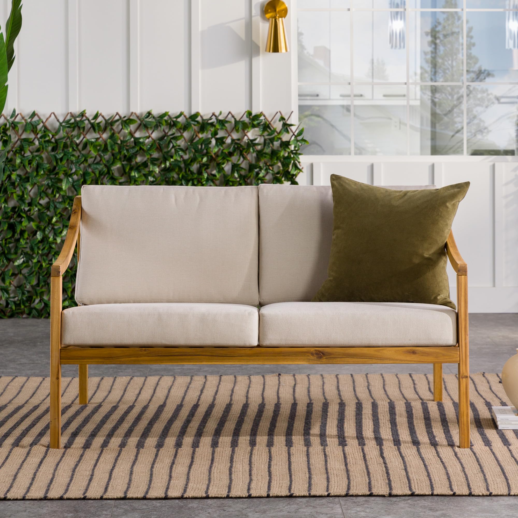 Modern Solid Wood Curved-Arm Cushioned Outdoor Loveseat, 50 Inch, Natural