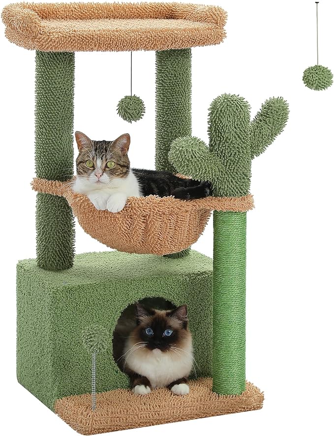 4-in-1 Cactus Cat Tree, 33 Inches Cat Tower for Indoor Cats