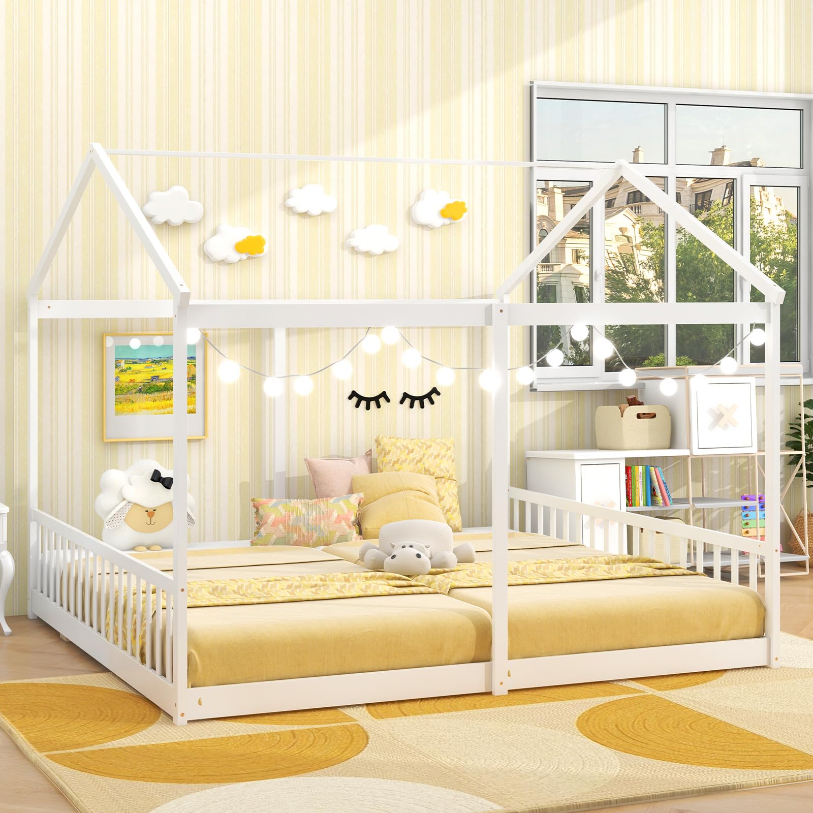 Double Twin Floor Beds for 2 Kids, Wood Twin Size House Beds with Safety Guardrails