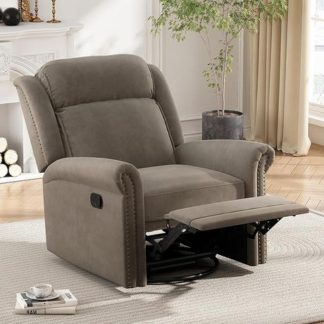 360° Swivel Recliner, Velvet Rocking Recliner Upholstered Recliner Chair, Rocker with Adjustable Backrest Nailhead Trims, Green