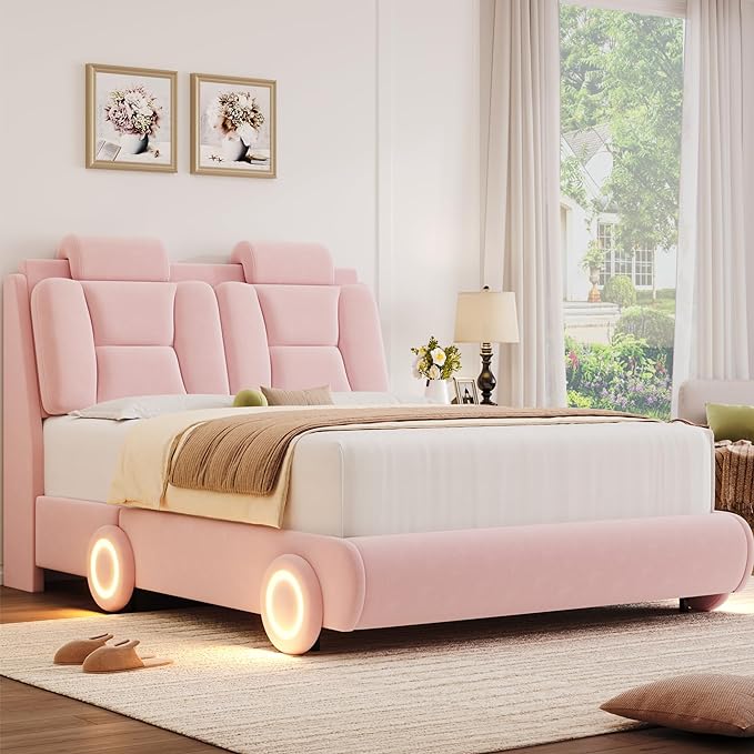 Full Upholstered Led Bed Frame with Wheels Decor & Adjustable Curved