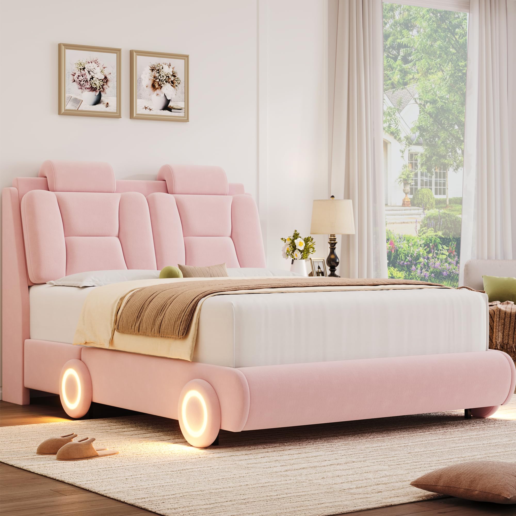 Full Upholstered Led Bed Frame with Wheels Decor & Adjustable Curved