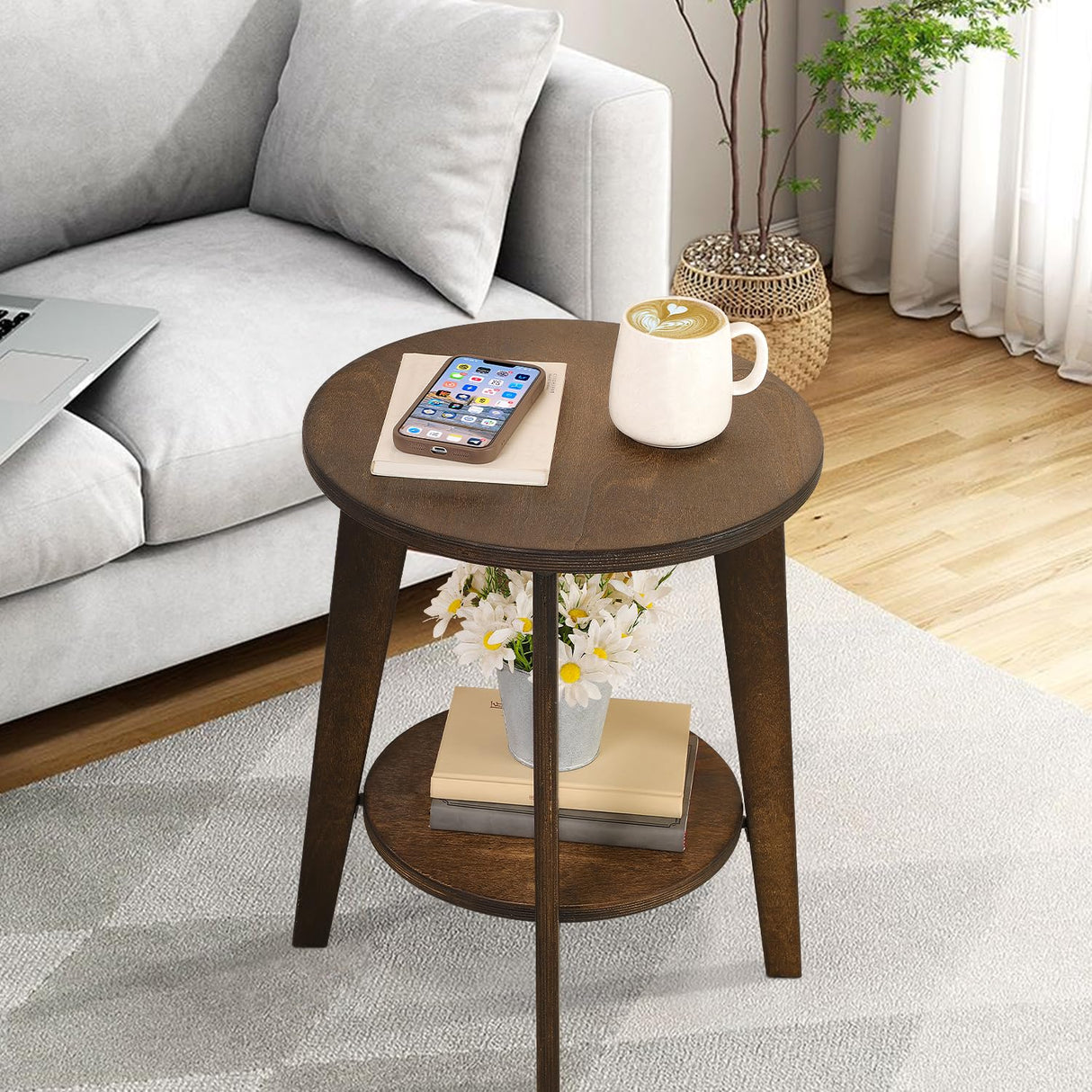 Round End Table Small Farmhouse Accent Side Table with Storage Shelf