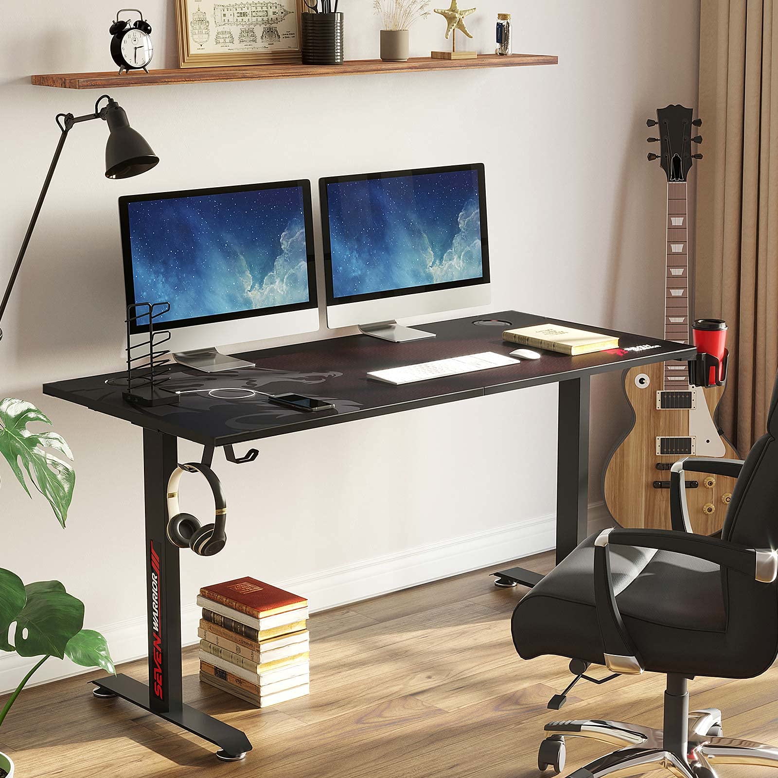Gaming Desk 55’’, T-Shaped Carbon Fiber Surface Computer Desk with Full Mouse Pad