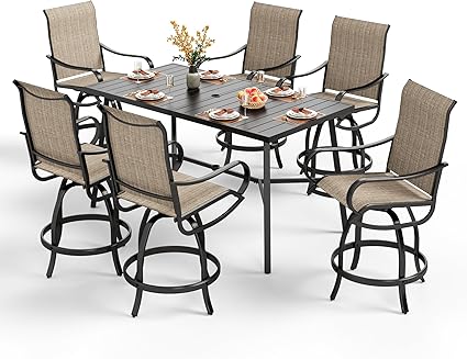 PHI VILLA 7 Piece Outdoor Bar Set, Counter Height Patio Bar Furniture Rectangle Dining Table and 6 Swivel Bar Stools Chairs with Brown Textilene Fabric for Garden,Yard and Deck
