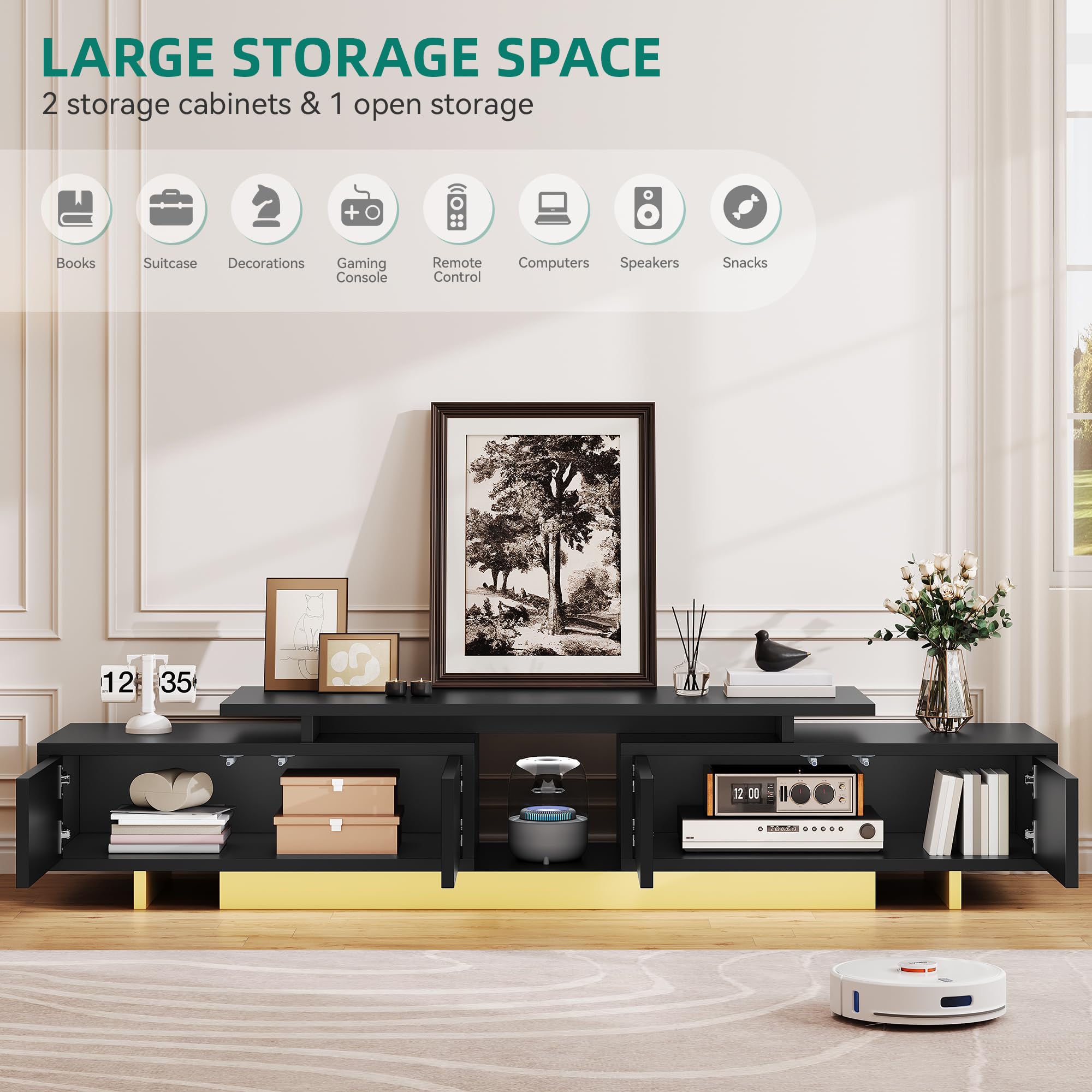 Extendable TV Stand 63-89 Inches with Storage Cabinets - Black