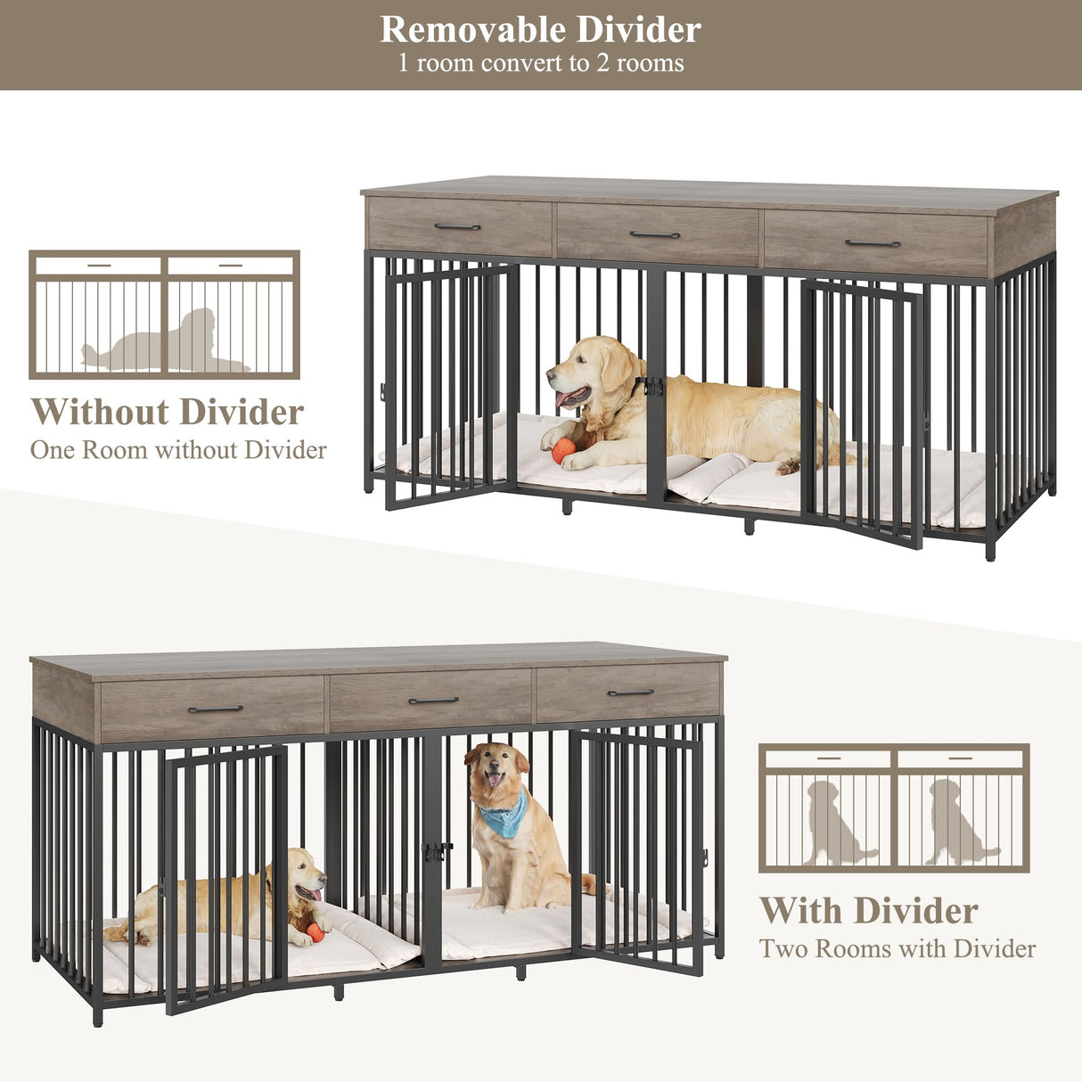 Double Dog Crate Furniture 71" Wide with 3 Drawers - Heavy Duty Wooden Kennel for 2 Large Dogs