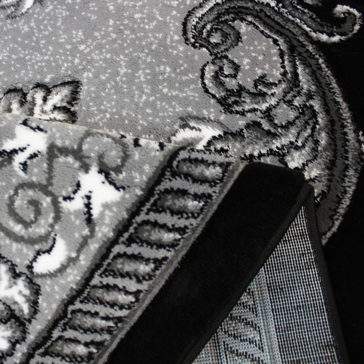 Traditional Hand-Carved Area Rug 5x7 - Black & Grey Floral Medallion