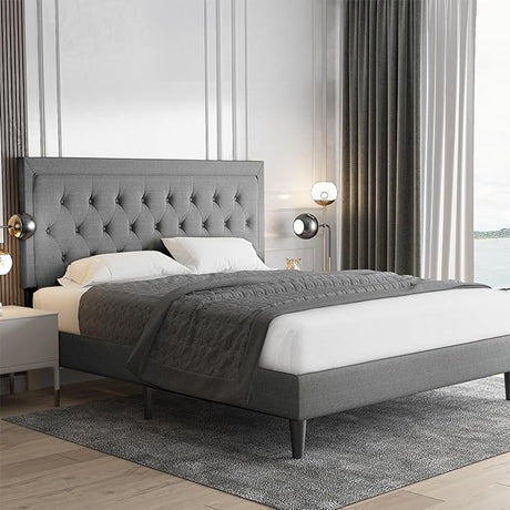 Full Size Bed Frame Upholstered Platform Bed with Adjustable Headboard, Button Tufted,