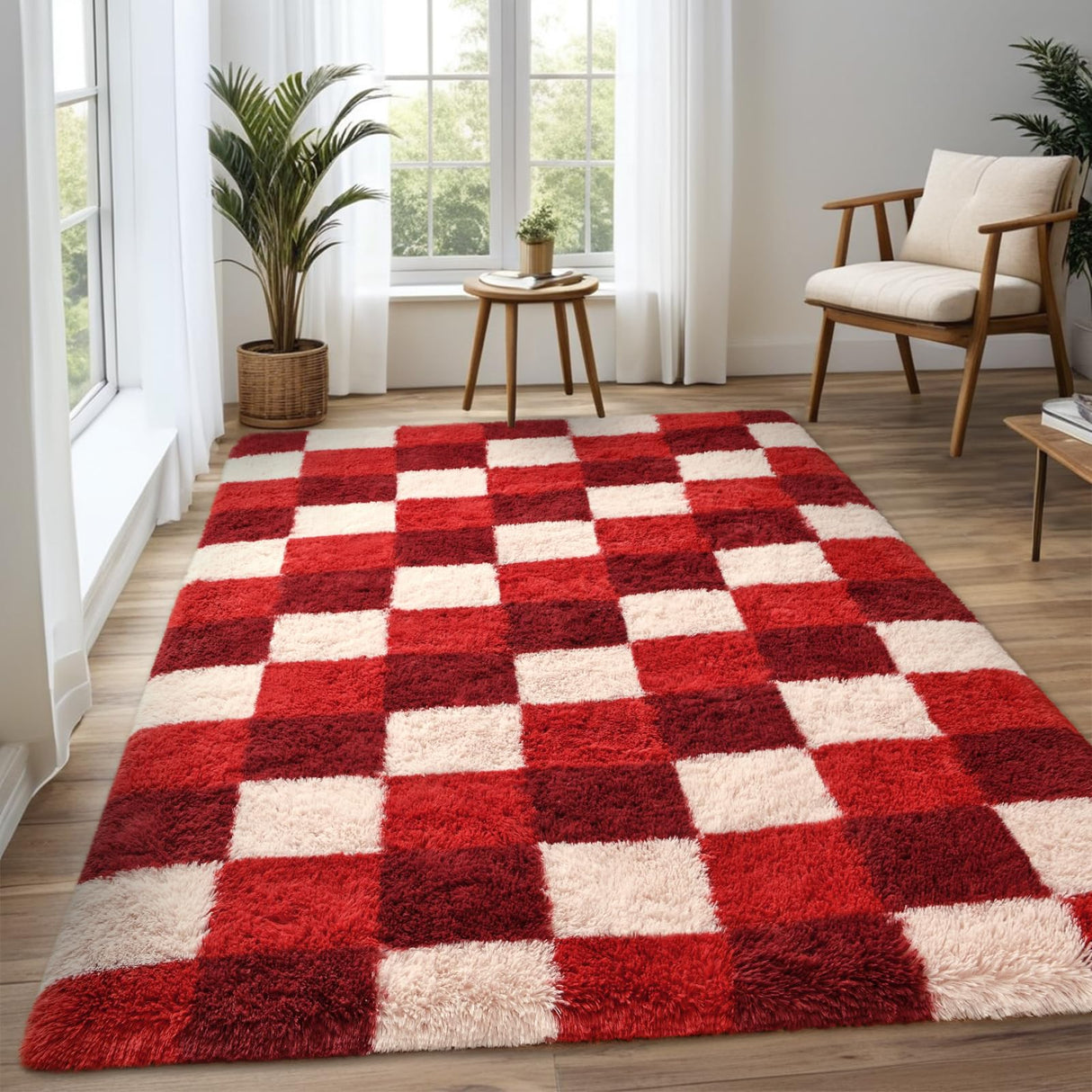 Luxury Fluffy Plaid Rugs for Bedroom Living Room, 4x6 Feet Burgundy Checkerboard Area Rug,