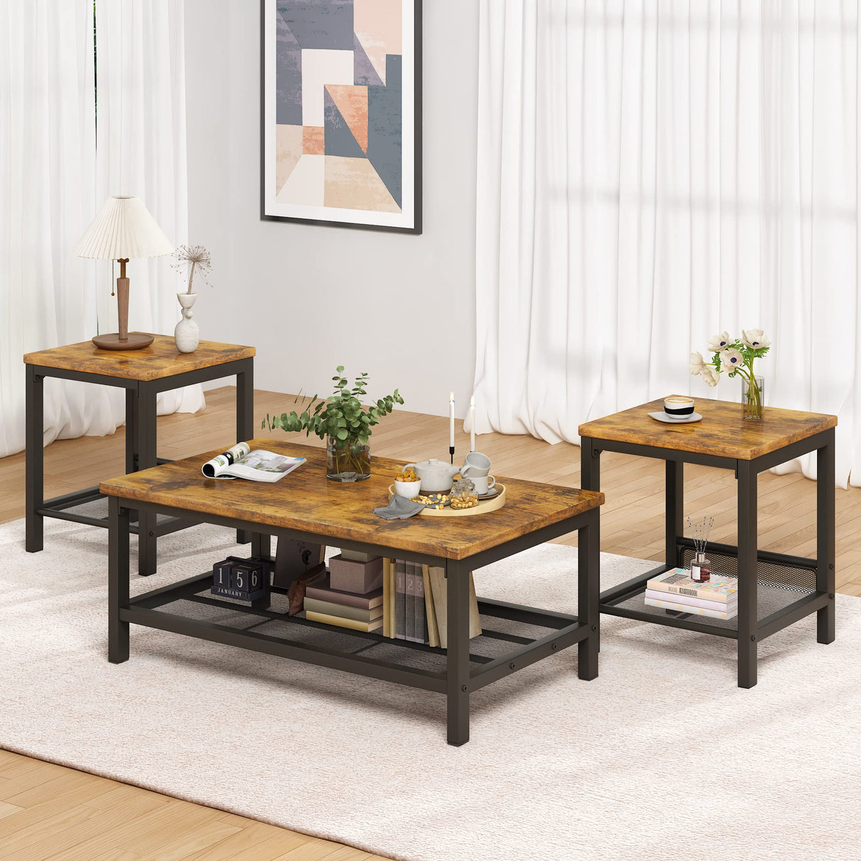 3 Pieces Coffee Table Set, Industrial Coffee Table with 2 Square End Side Tables