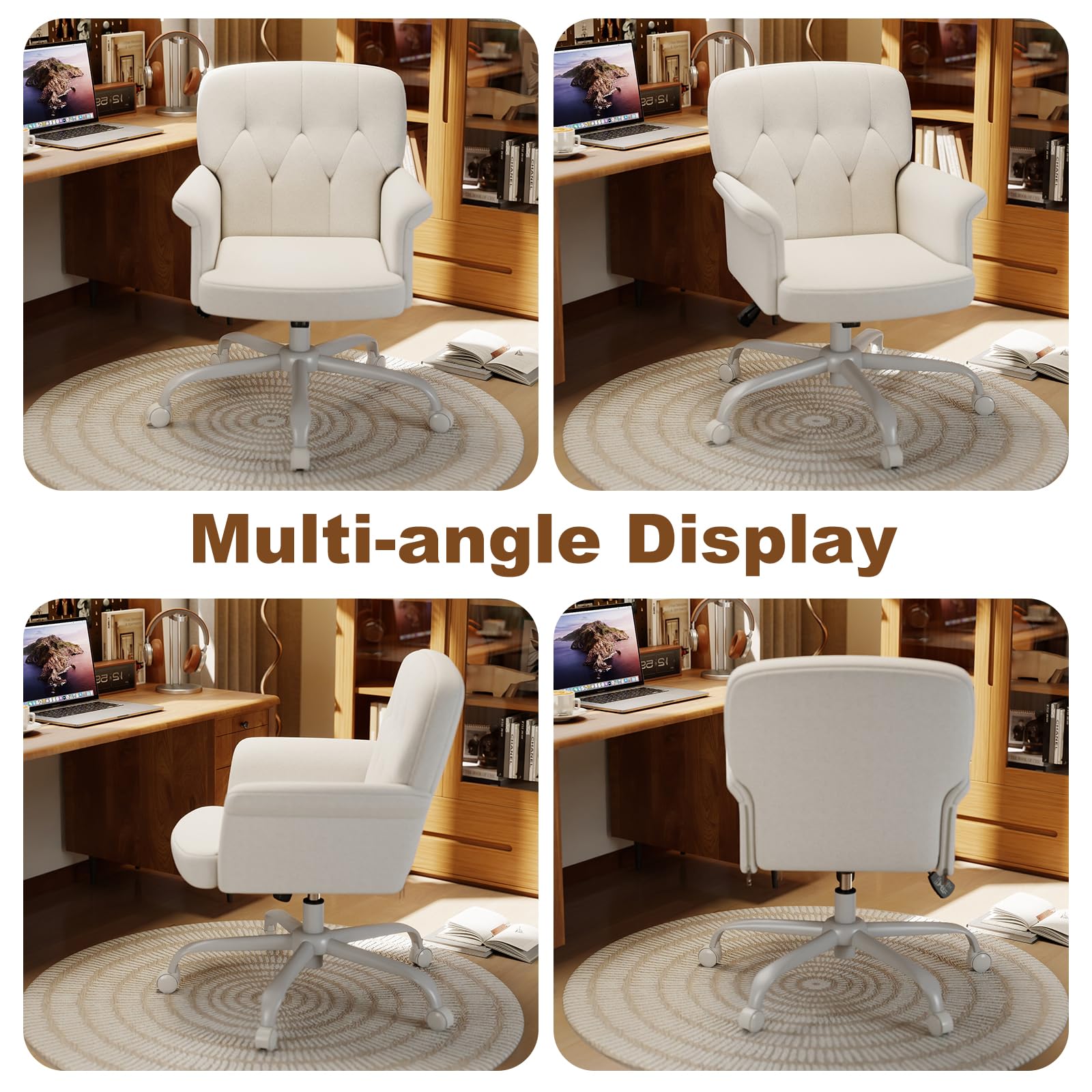 Upholstered Fuzzy Office Chair with Wheels and Arms - White