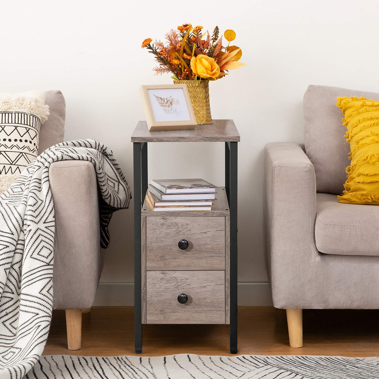 End Table Set of 2, Side Table with 2 Drawer and Open Shelf, Narrow Nightstand