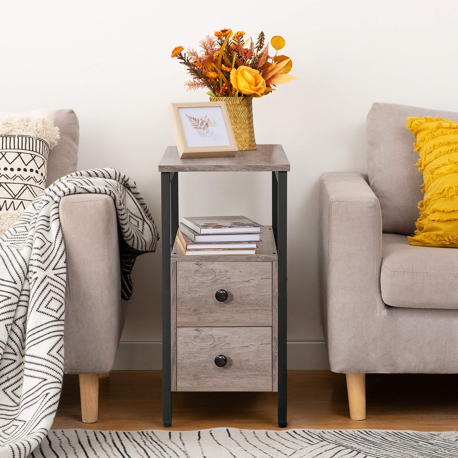 End Table Set of 2, Side Table with 2 Drawer and Open Shelf, Narrow Nightstand