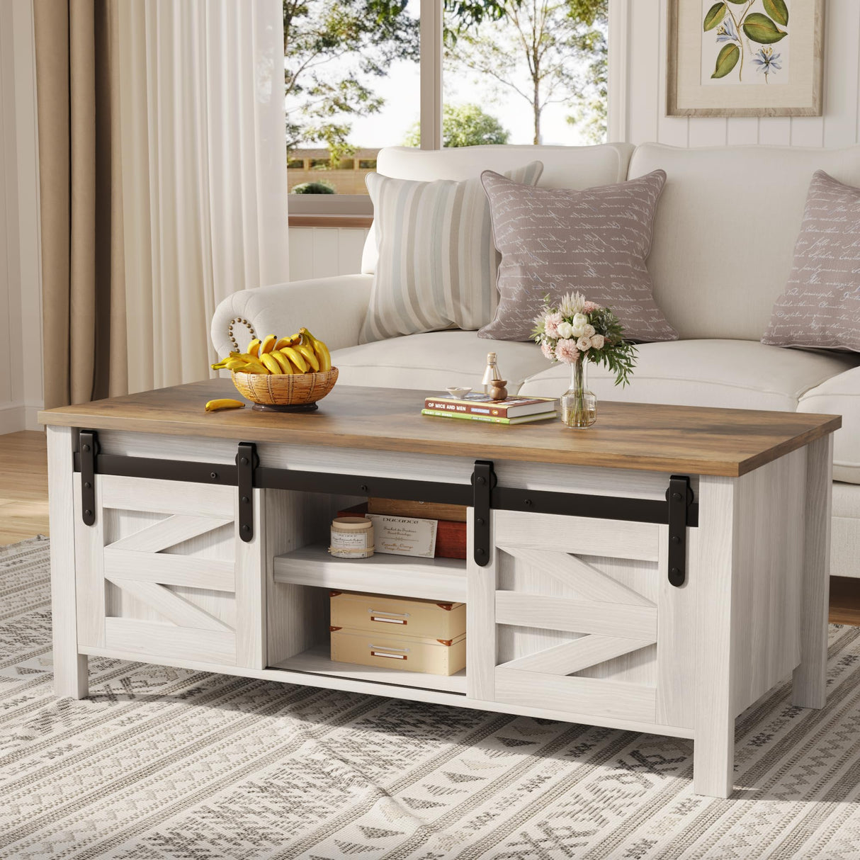 Coffee Table with Storage and Sliding Barn Doors, Farmhouse Living Room Table