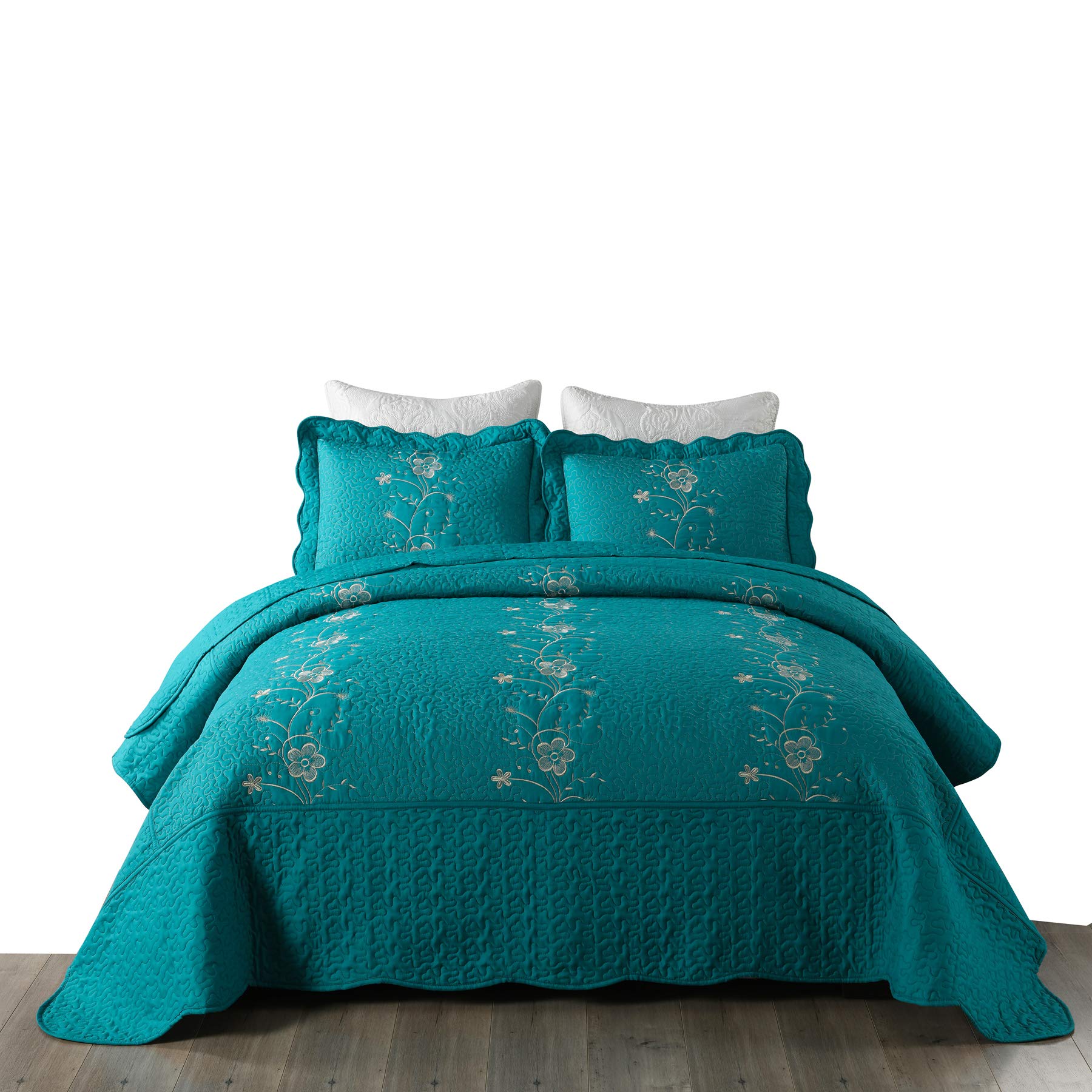 3 Piece Lightweight Bedspread Quilt Set Microfiber Quilt Embroidered Bedspreads Bed Coverlet Set, Lapaz (Teal, Queen)