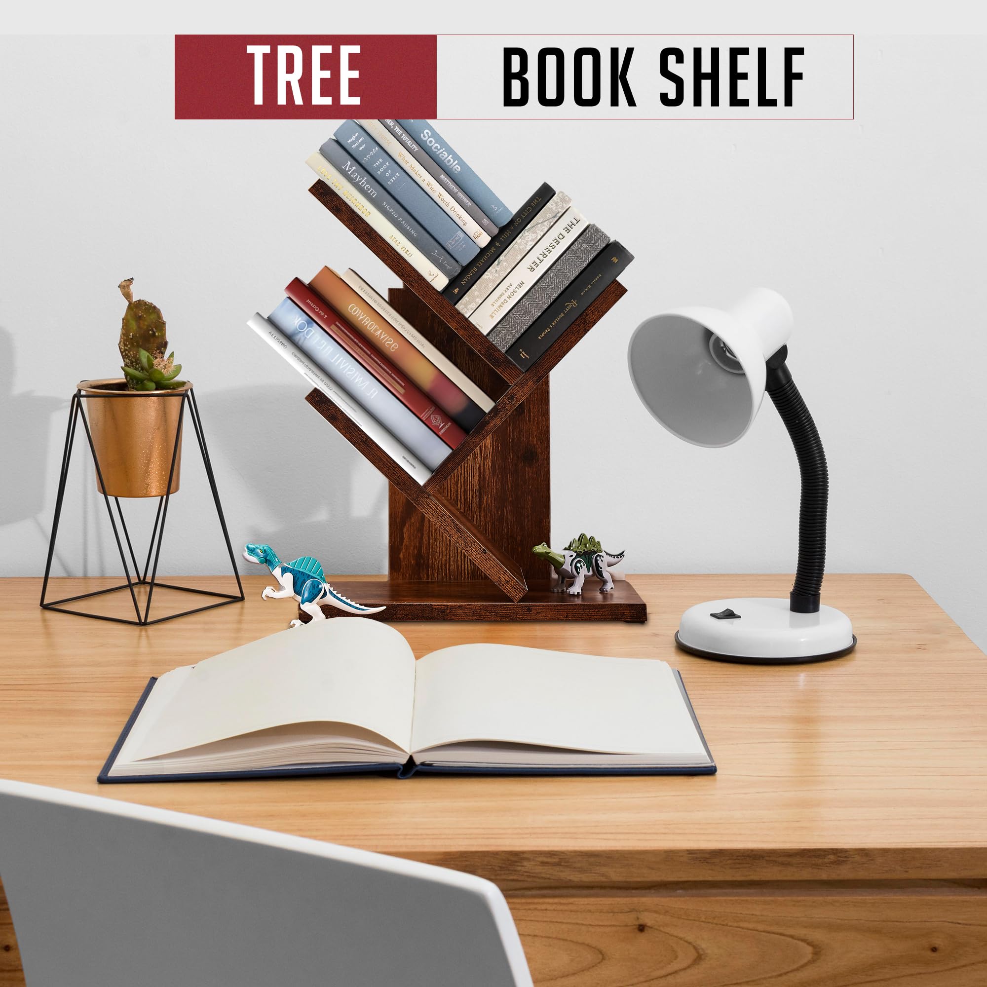 3-Tier Small Tree Bookshelf - Narrow Wooden Floor Standing Bookcase for Small Spaces - Modern Book Shelf Organizer for Bedroom, Living Room, Home Office, Corner, Thin Rustic Brown Bookshelves