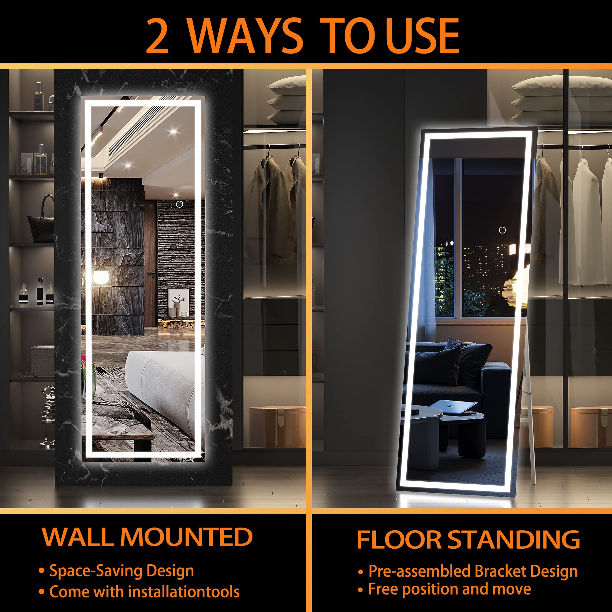 Full Length Mirror with Lights, 65" x 20" LED Floor Mirror, Full Body Dressing Standing