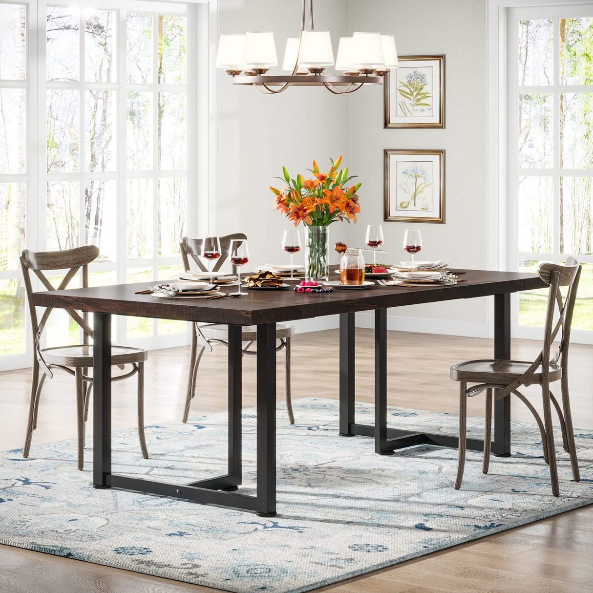 70.86" Dining Table for 6, Wood Kitchen Table for Dining Room, Industrial Rectangular