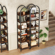 LITTLE TREE 78.7 Inches Tall Arched Bookshelf, 6 Tiers Skinny Open Bookcase with Metal Frame, Freestanding Corner Display Shelves Rack for Living Room, Home Office, Brown