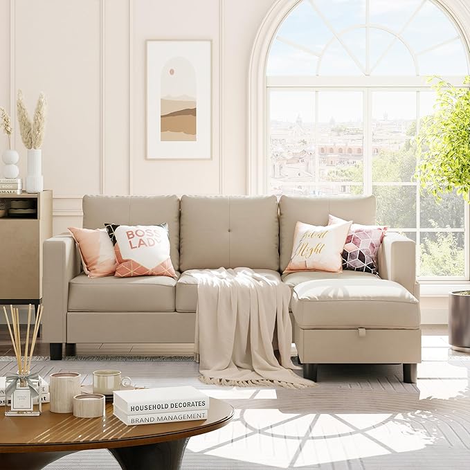 Convertible Sectional Sofa Couch, Modern Linen Fabric L-Shaped, 3-Seat Sofa