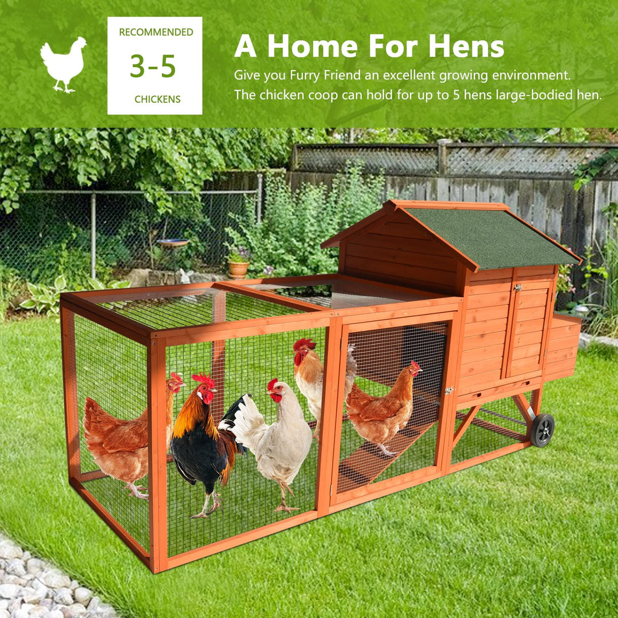 Chicken Coop Hen House - 96in Wooden Poultry Cage with Wheels