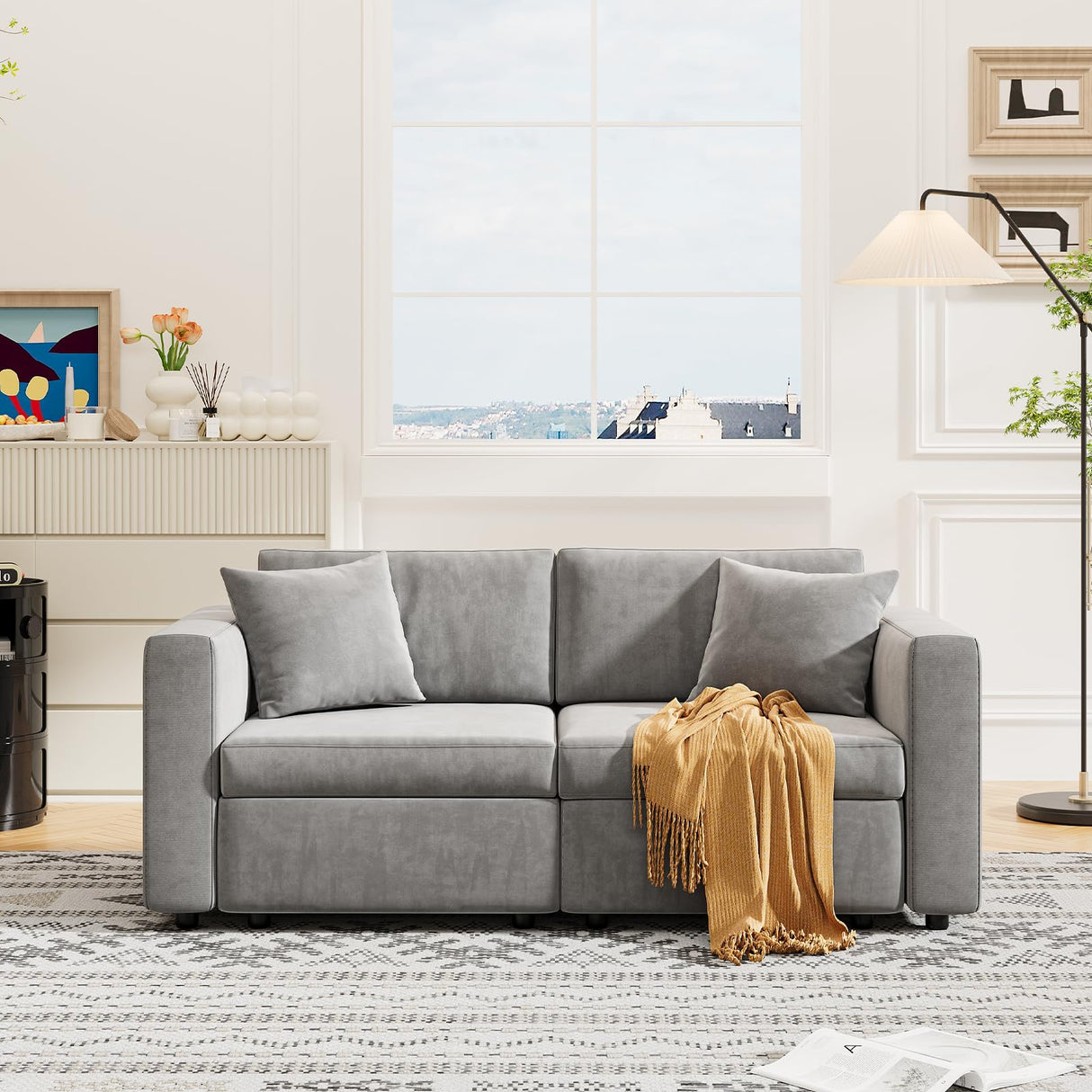 Sofa Couch with Seats Storage, Comfy Velvet Fabric Couch