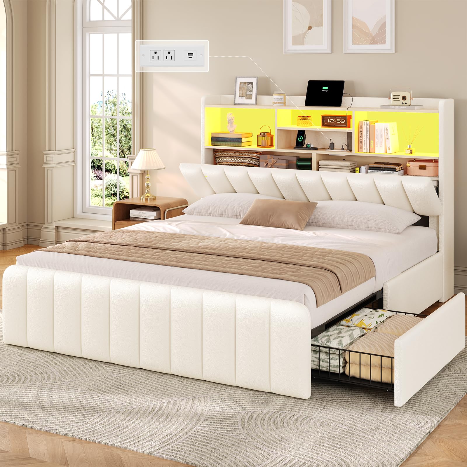 Full Size Bed Frame with Bookcase Headboard and Storage Drawers