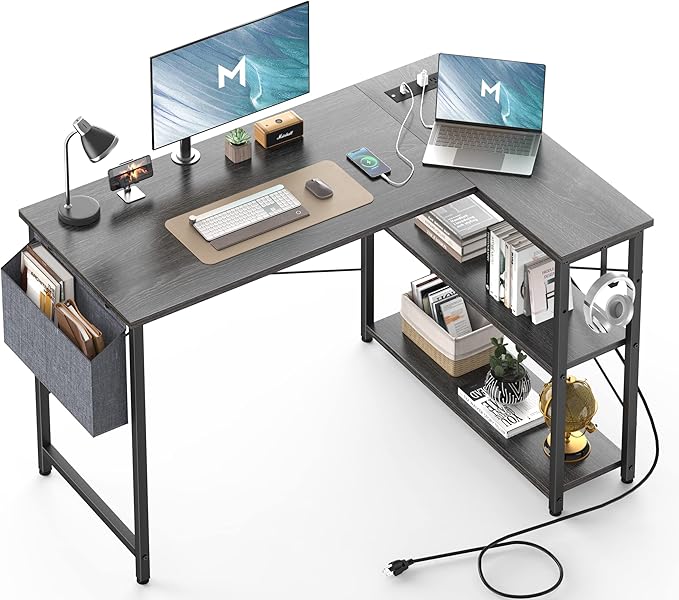 L Shaped Desk with Outlets & USB Ports, Reversible 47 Inch Office Desk, Corner Desk for Small Space